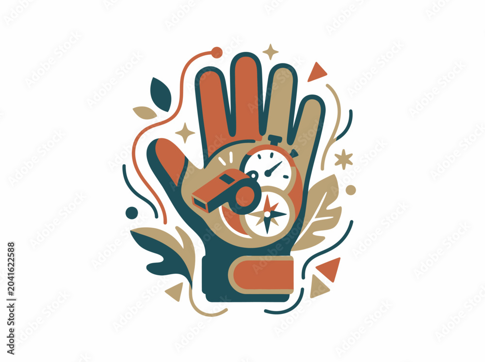 Fototapeta premium Hand holding compass and stopwatch with design elements and leaves