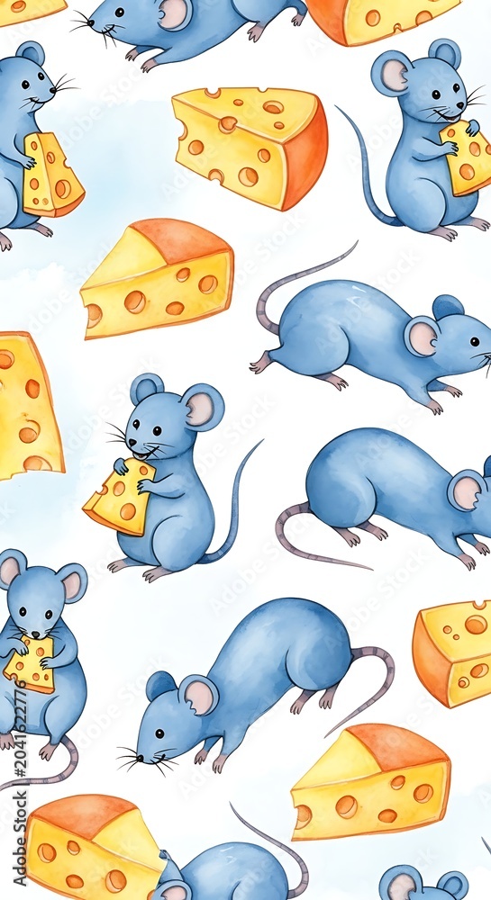Fototapeta premium Cute Blue Mice Eating Cheese in Whimsical Watercolor Pattern