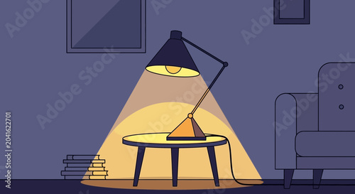 Fotografie Desk lamp illuminating a small table in a dimly lit room, vector illustration