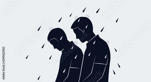 Photos Two men silhouettes in rain, feeling sad and lonely, dark mood, emotional distre