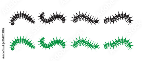 Vászonkép Set of black and green spiky caterpillars or worm icons for nature and wildlife design