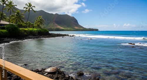 Serene Tropical Coastline with Sea Turtle Resting on Rocky Shore Near Palm Trees and Mountains