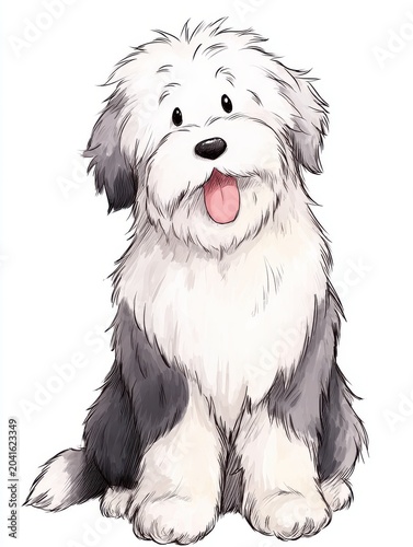 Fluffy Sheepdog Puppy Sitting With Tongue Out And Happy Expression White Background Watercolor Illustration
