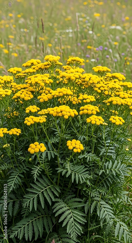 Obraz premium Bright Yellow Wildflower Cluster Blooming in Green Summer Meadow