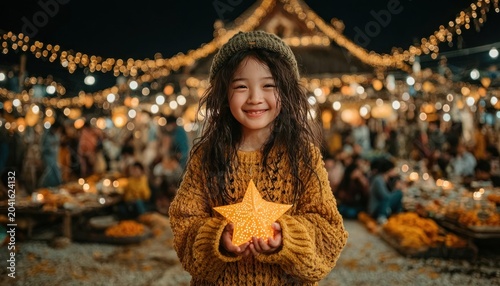 Smiling child holding a glowing star lantern during festival night, joyful celebration