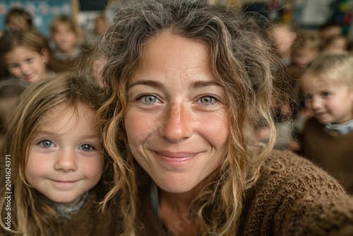Smiling child with teacher, class group photo on the last day of school, joyful classroom scene