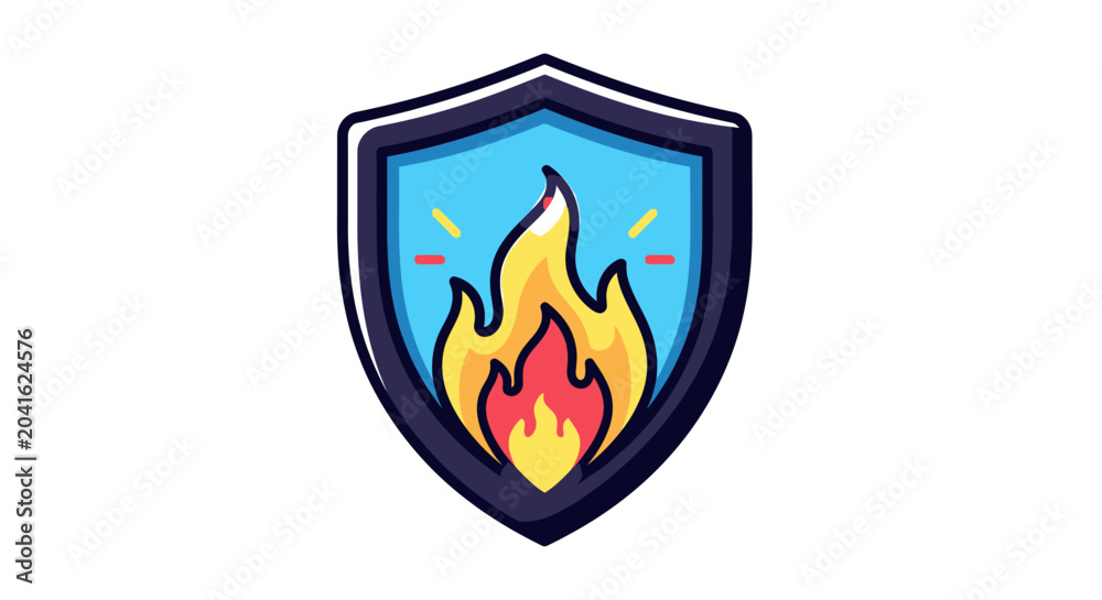 Fototapeta premium Cartoon Shield Icon With Burning Fire Flame Inside.