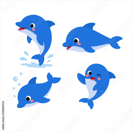 Cute Blue Dolphin Cartoon Character Collection with Different Poses and Expressions
