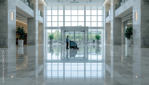 Professional cleaner operating a floor scrubber machine in a spacious modern corporate lobby with highly polished reflective marble floors