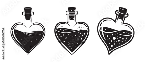 Tableau sur toile Three heart shaped glass bottles with magic potion liquid inside in a vintage black and white drawing style