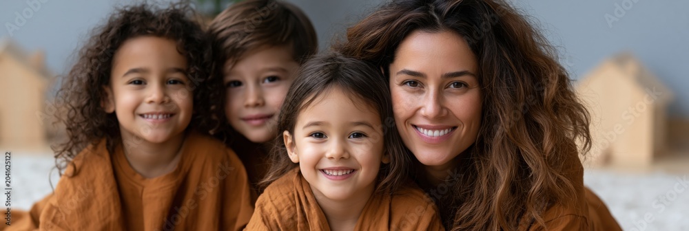 Fototapeta premium Mother and children smiling together on living room rug