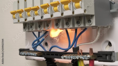 Short circuit electric circuit breaker in electrical panel box with sparks and fire close-up