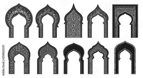 Set of ten ornate Islamic and Arabic architectural arch frames.