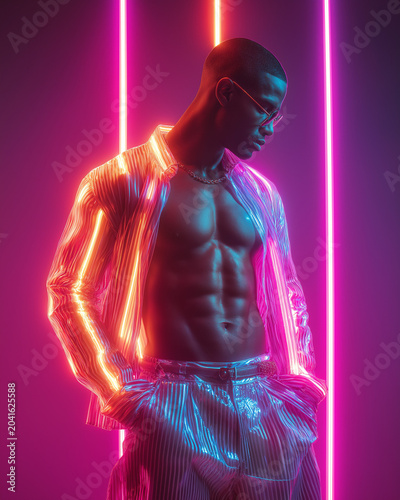 Muscular Man Wearing Transparent Neon LED Jacket Under Pink and Blue Studio Lighting