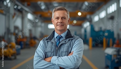 Professional middleaged factory manager standing with arms crossed in a modern industrial manufacturing facility, confident and experienced leader