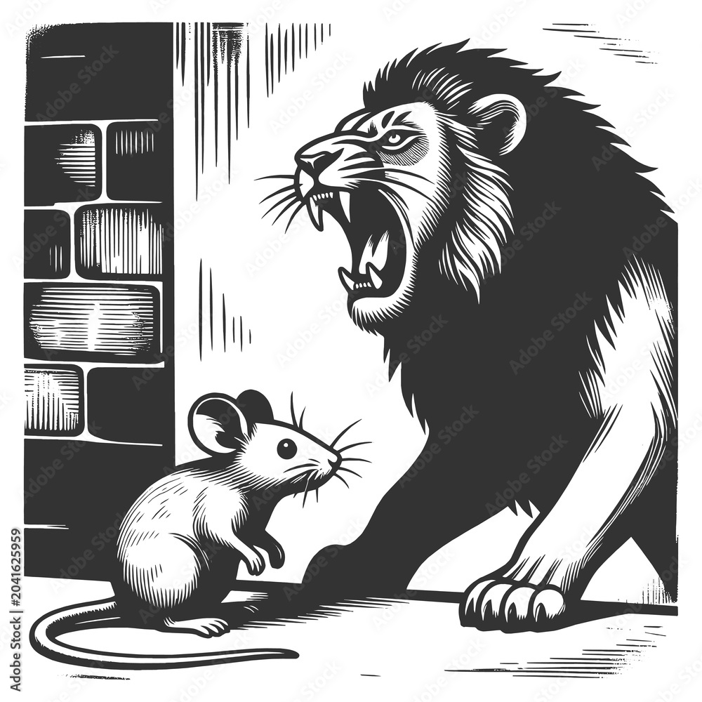 Obraz premium roaring lion facing a small mouse, symbolizing courage, fear, power, and contrast sketch engraving generative ai fictional character raster illustration. Scratch board imitation. Black and white image