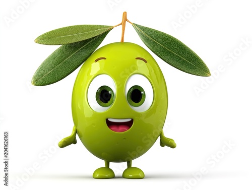Olive cartoon character with leaves on white background