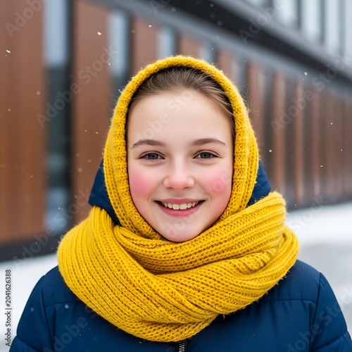 Smiling Young Girl Wearing Yellow Knitted Scarf Outdoors in Snowy Urban Setting
