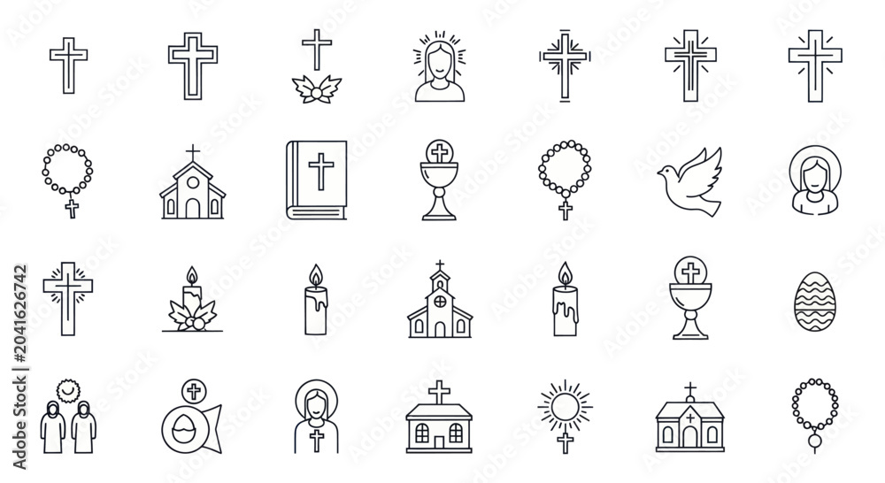 Fototapeta premium Collection of Christian religious symbols and icons in a minimalist line art style.