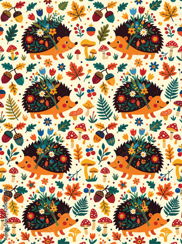 Pattern Vector Illustration of Playful Hedgehogs with Autumn Leaves Mushrooms Flowers in Whimsical Organic Style in Bright Color Palette for Seasonal Fabric and Wallpaper Design