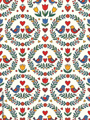 Pattern Vector Illustration with Birds and Floral Elements in Folk Art Style for Textile and Wallpaper Design