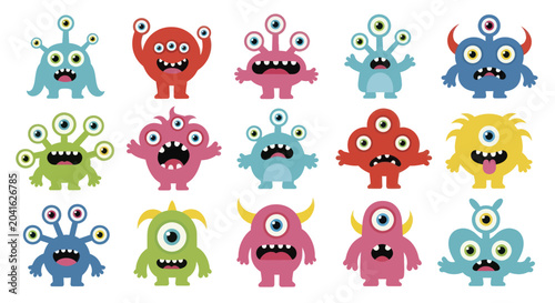 Canvas Print Collection of colorful cartoon monsters with multiple eyes and open mouths