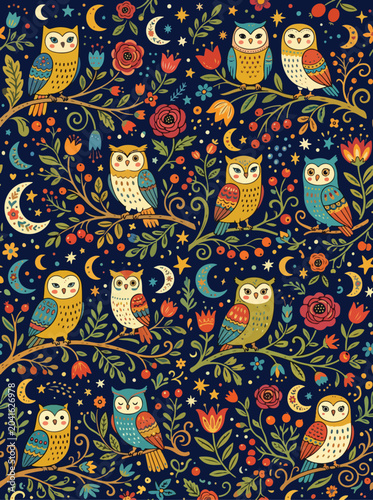 Pattern Vector Illustration with Owls Floral Elements in Modern Folk Art Style Bright Colors