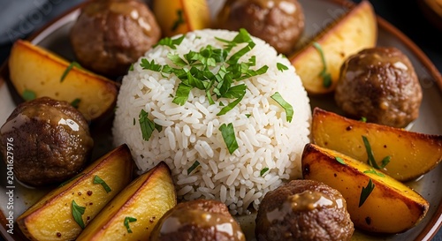 Savory Rice with Meatball and Roasted Potato Arranged on Dinner Plate