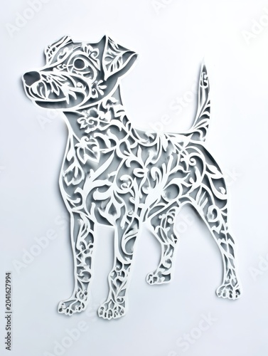 Intricate Paper Cutout Dog Silhouette with Floral Patterns on White Background