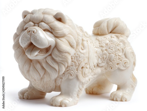 Intricate Ivory Sculpture of a Fluffy Chow Chow Dog with Detailed Floral Carvings and Open Mouth