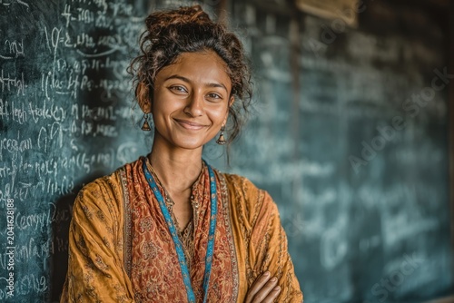 Smiling Indian female teacher in traditional attire, standing in front of a classroom