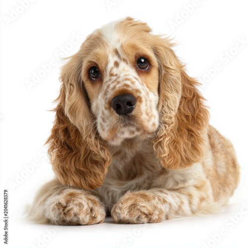 Light Brown And White Cocker Spaniel Dog Poses On White Background