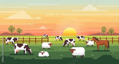 Obraz na płótnie Farm animals grazing in a field at sunset, cows, sheep, horse, countryside lands
