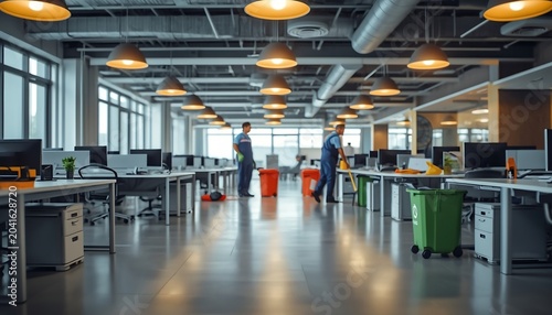 Professional janitorial staff cleaning a modern openplan office space with desks, computers, and rolling trash bins during the evening shift