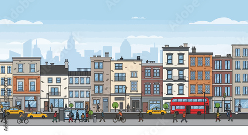 Tableau sur toile City street scene with diverse people, iconic red bus, yellow taxis, and buildings