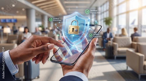 Business person using a smartphone with a digital security shield and padlock hologram for secure mobile transactions