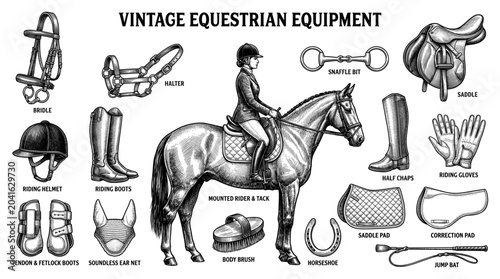 Vintage equestrian equipment sketch set with horse rider saddle and bridle