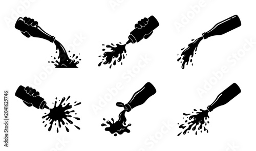 Tableau sur toile Liquid Pouring Vector Icons: Black Ink Splashes from Bottles, Sauce Drips, and P