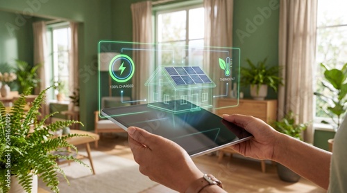 Smart home energy management system concept with solar panels and tablet interface in a modern living room