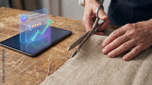Closeup of an elderly tailor cutting a piece of coarse linen fabric with scissors on a wooden table with a digital tablet