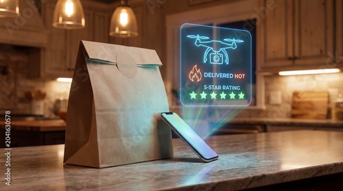 Drone food delivery concept with a paper bag and a smartphone projecting a holographic status interface