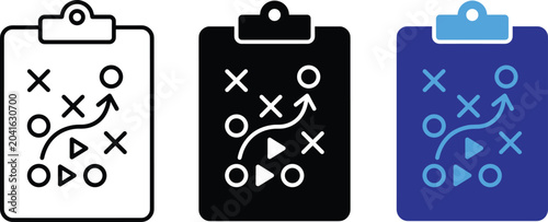 Business marketing strategy planning clipboard and sports tactic vector icons collection with illustration elements.