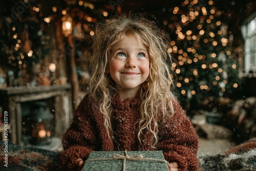 Smiling little girl sitting near Christmas tree opening a gift box with excitement