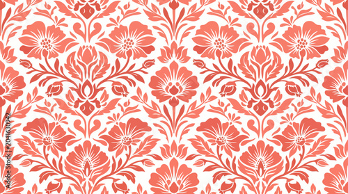 Intricate red damask floral pattern with ornate symmetry and repeating motif suitable for textiles and wallpaper design.
