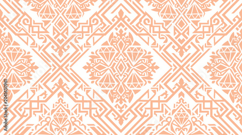 Quadro su tela Intricate geometric tile pattern with warm orange tones and symmetrical diamond motifs