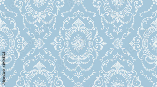 Elegant blue damask pattern texture for backgrounds and design projects.