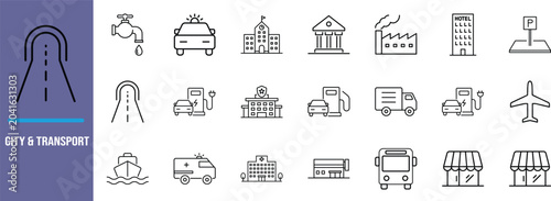 City and transport vector icons. car icon set, hospital icon set, bus icon set