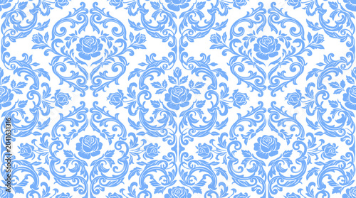 Seamless blue damask pattern with ornate floral scrollwork and decorative texture.
