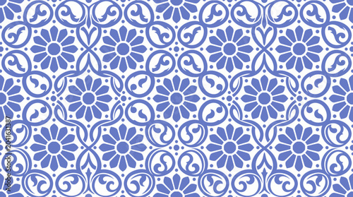 Canvas-taulu Repeating blue floral tile pattern with symmetrical motifs and ornamental detailing
