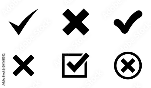 Tableau sur toile Vector Set of Checkmark and Cross Icons, Simple Black Symbols for Approval, Reje